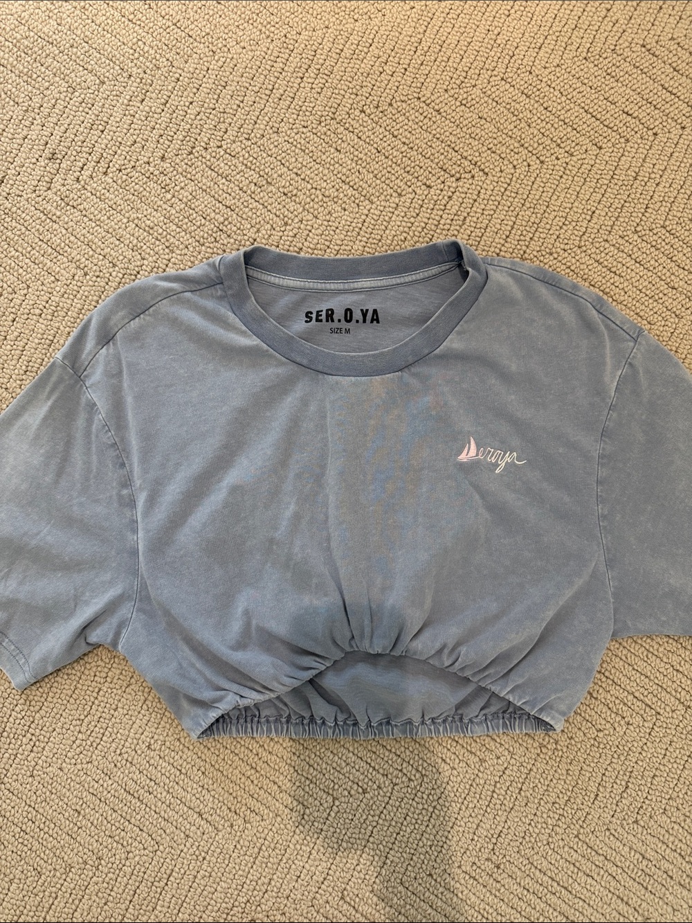 SER.O.YA Washed Blue Cropped Drawstring Tee with Pink Logo